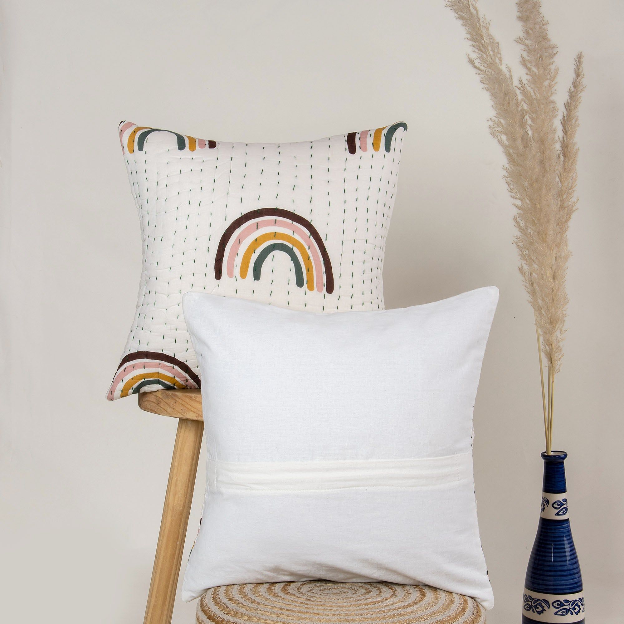 Rainbow Hand Block Printed Cotton Kantha Quilted Cushion Cover Patterns